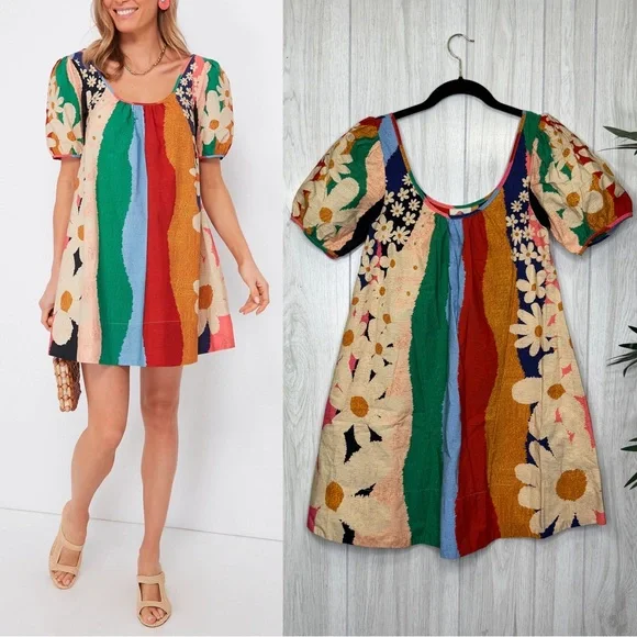 Farm Rio Super Fun Daisy Mini Dress Puff Sleeve size XS Extra Small - Picture 1 of 11